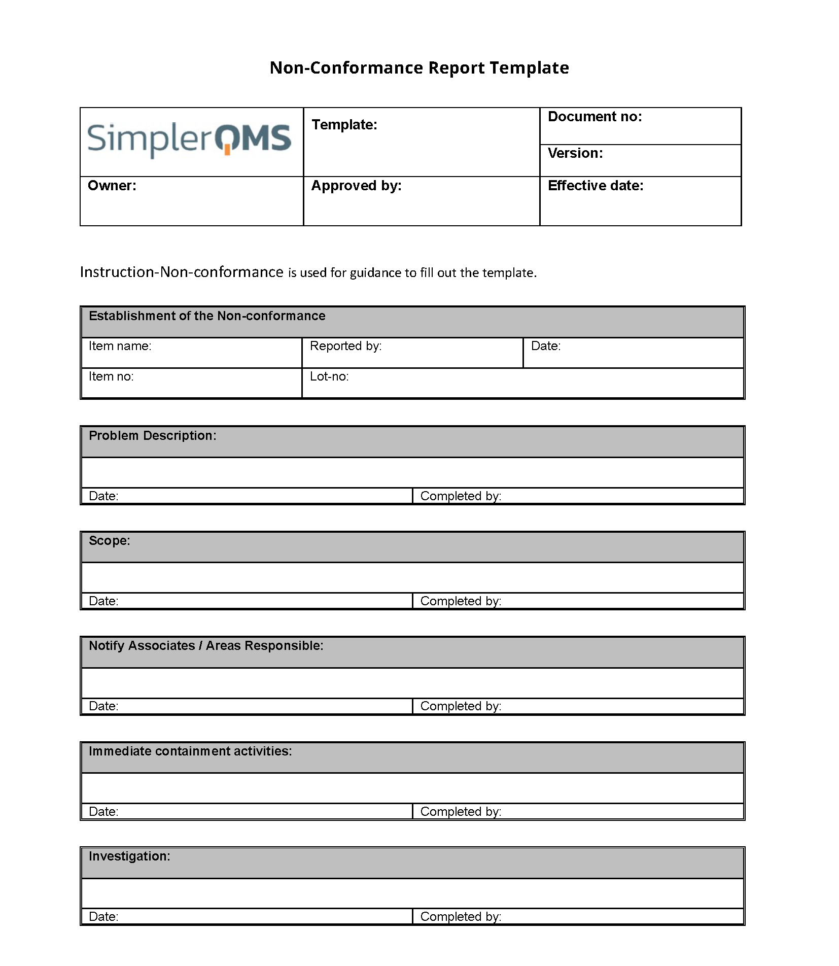Non Conformance Report Template Free Download SimplerQMS