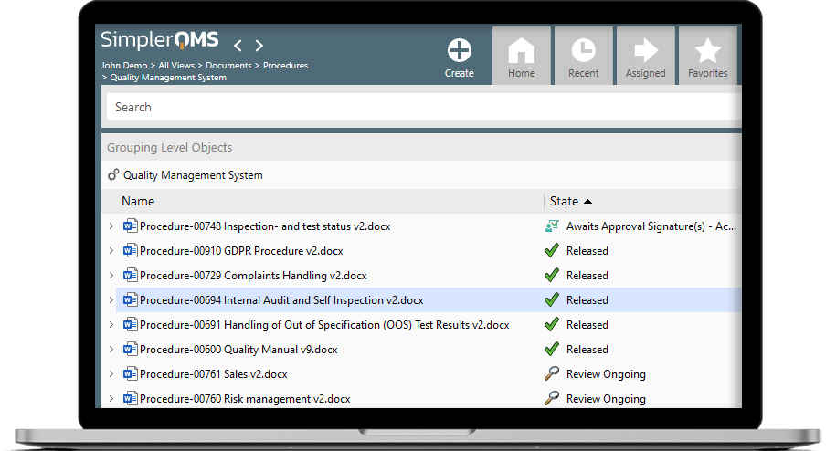 SimplerQMS Document Control Interface - Procedure List
