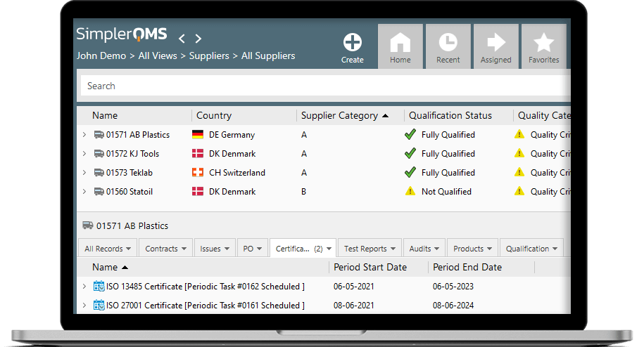 Supplier Management Interface - SimplerQMS