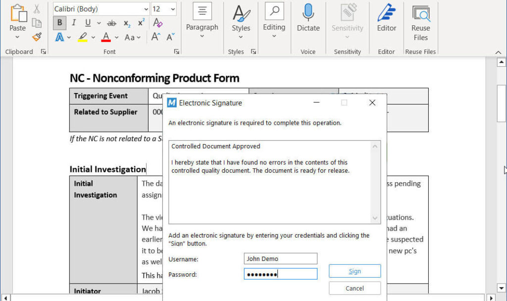 Signing Nonconformance Document in SimplerQMS