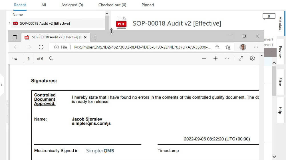 Signed SOP Document and Signature Details in SimplerQMS