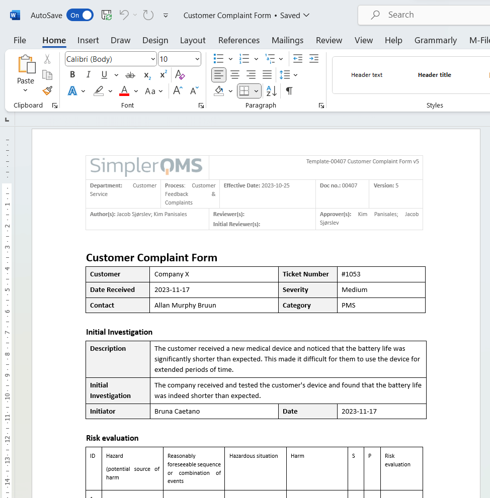 Complaint Form - SimplerQMS