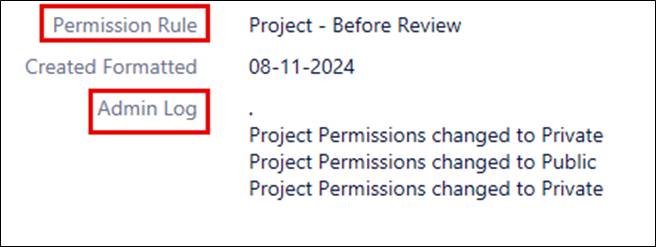 Project visibility settings - permission rule and admin log