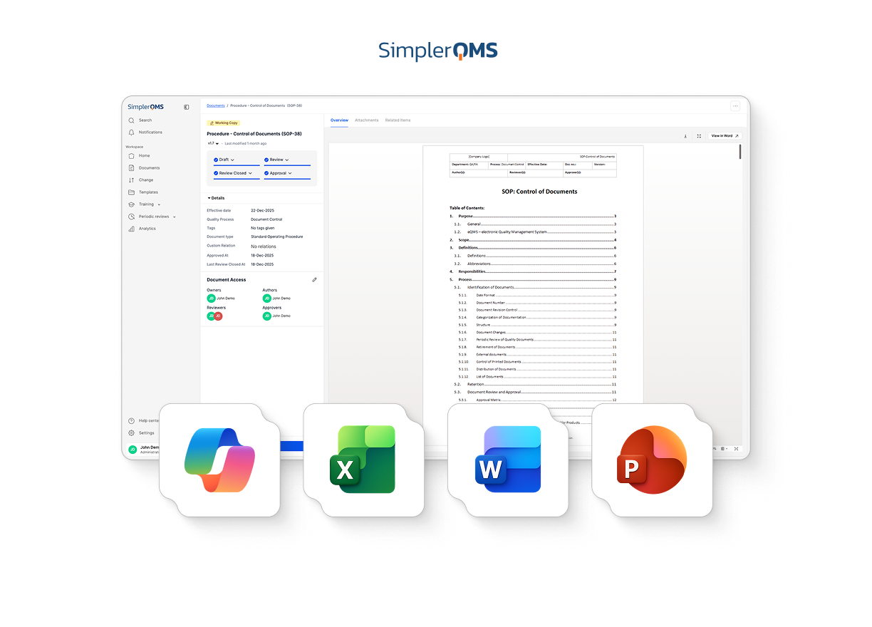 SimplerQMS Microsoft 365 and Copilot AI Integration