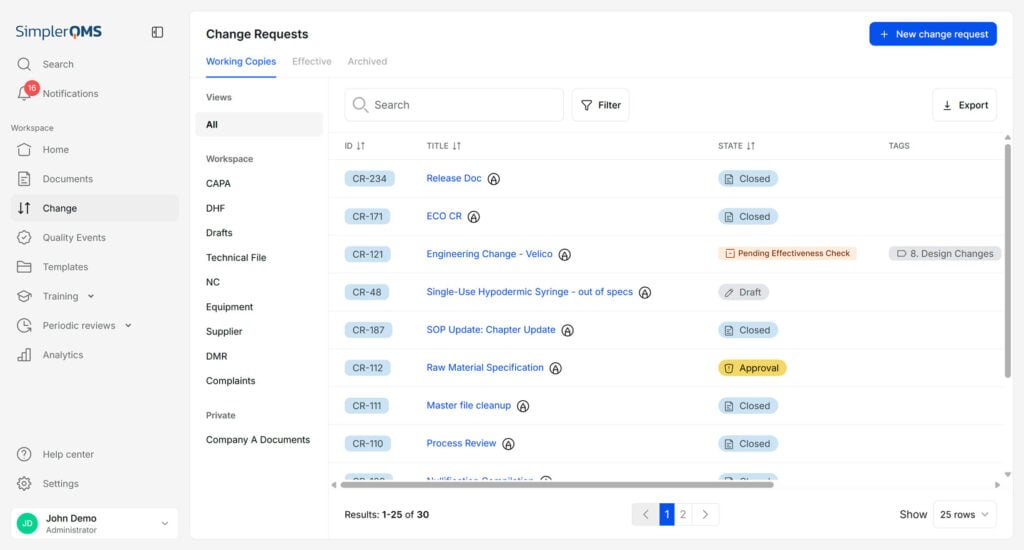 Change Requests in SimplerQMS