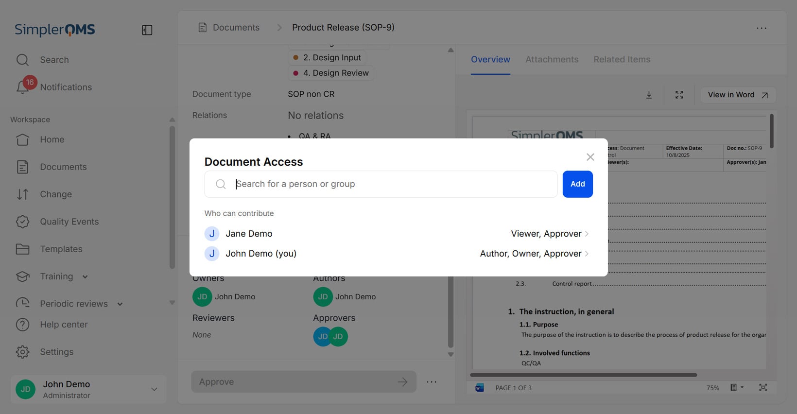 Document Access Controls in SimplerQMS
