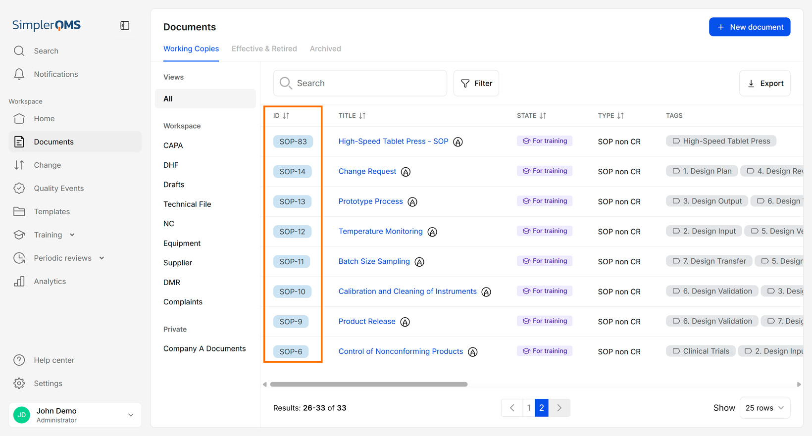 Document Numbers in SimplerQMS