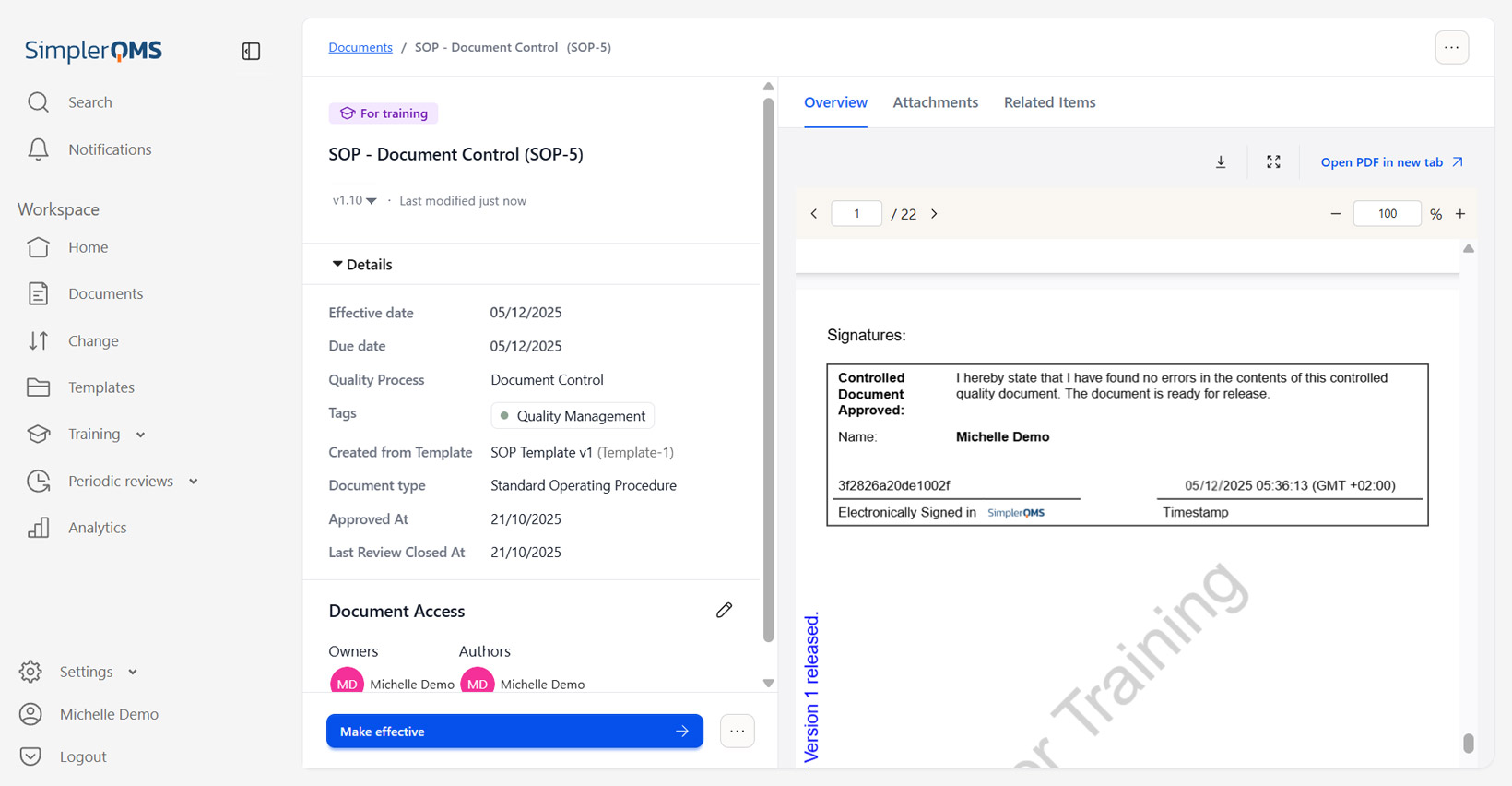 Signed Document in SimplerQMS