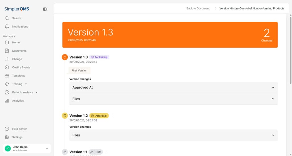 Version History in SimplerQMS