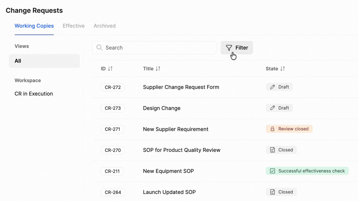 SimplerQMS Change Request Change Type Filter
