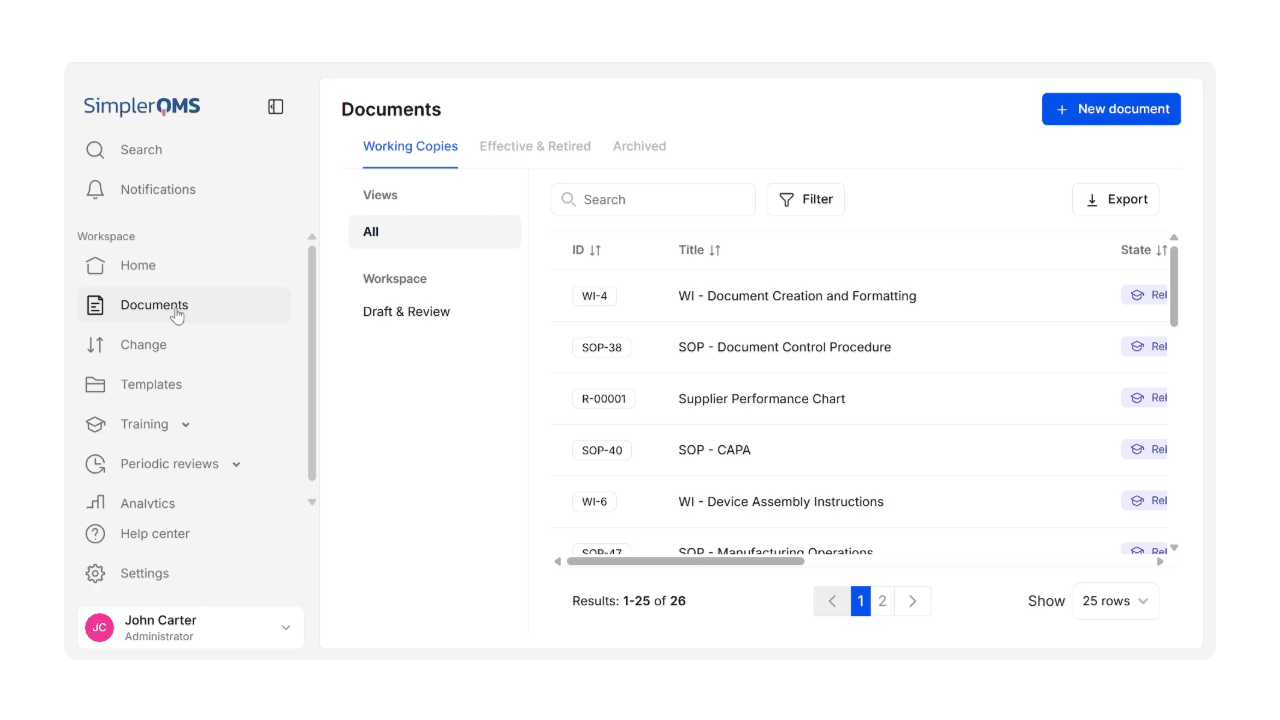 SimplerQMS Documents Linked to Training Rule