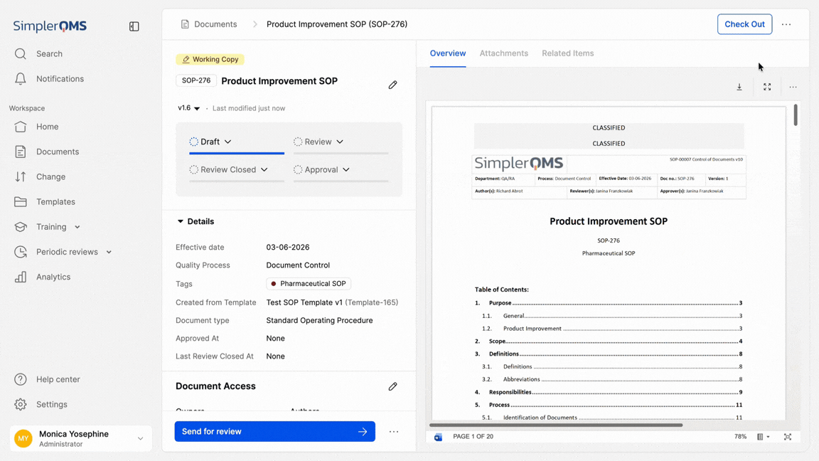 SimplerQMS – Undo Document Check-Out