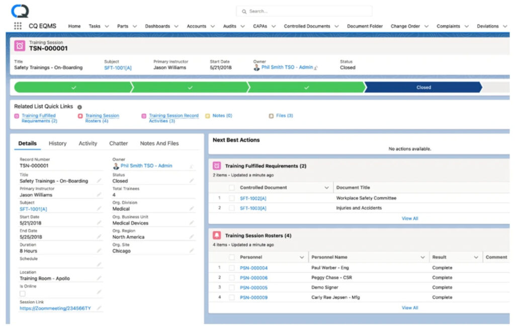ComplianceQuest interface - training session example