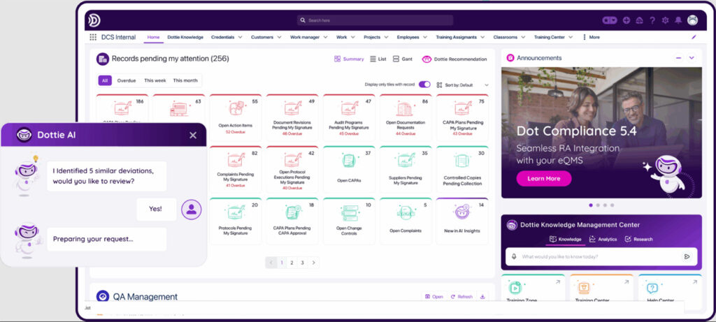 Dot Compliance interface - quality management dashboard example