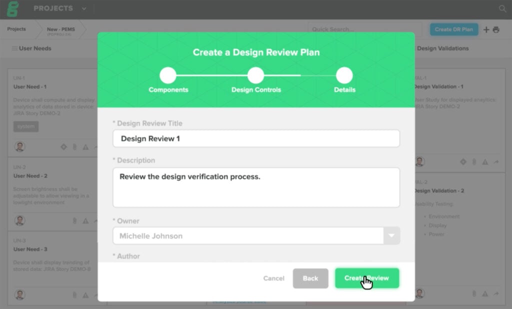Greenlight Guru interface - design review plan example