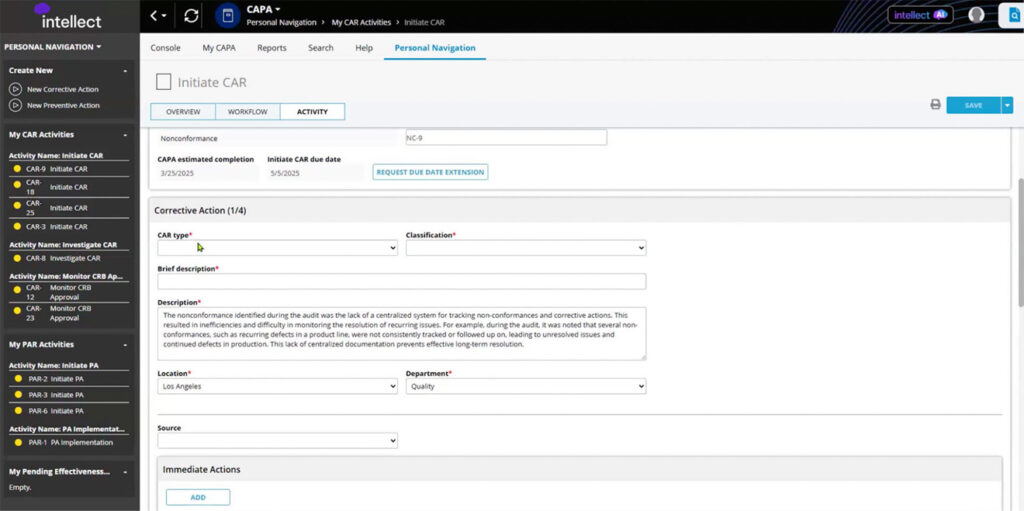 Intellect QMS interface - corrective action request example