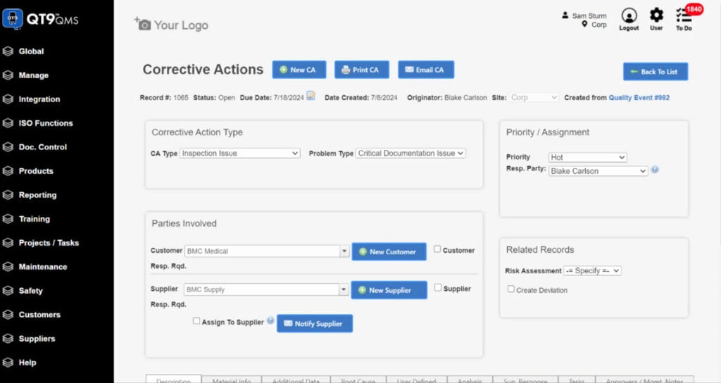 QT9 QMS interface - corrective actions example