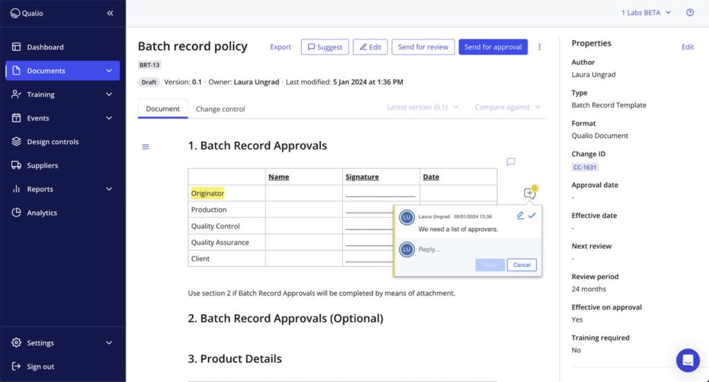 Qualio interface - batch record policy document example