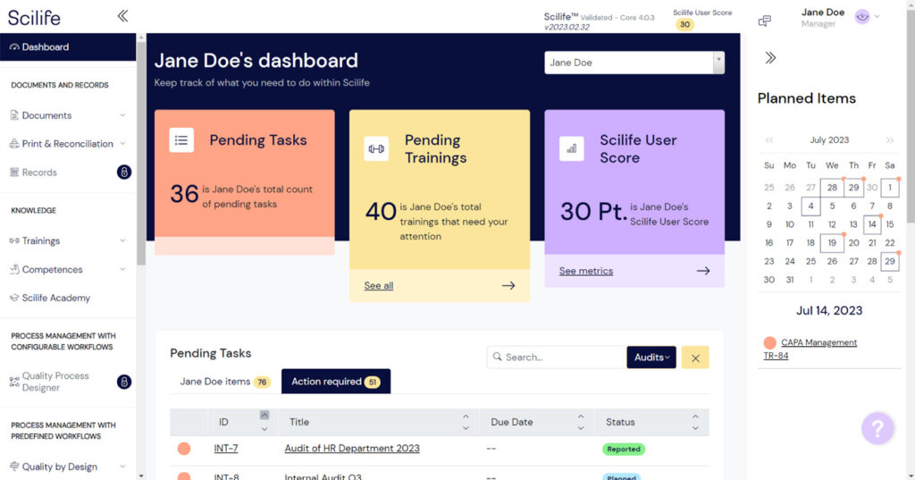 Scilife interface - dashboard example