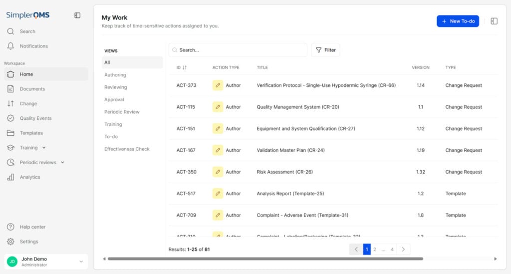 SimplerQMS interface showing the My Work dashboard