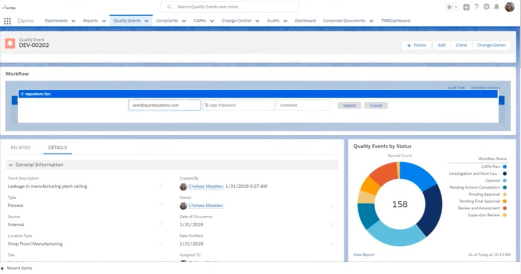 Trackwise Digital interface - quality event example