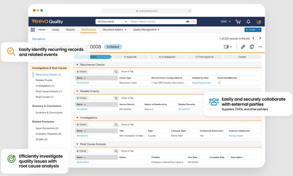 Veeva QMS interface - deviation investigation example