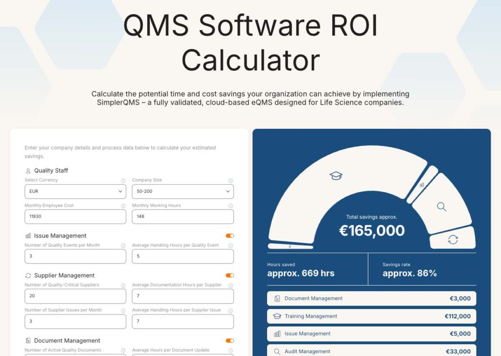 SimplerQMS eQMS Software ROI Calculator