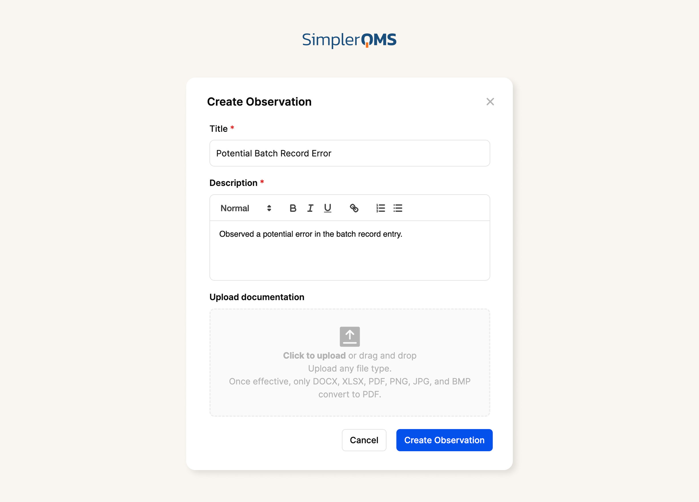 SimplerQMS - Quality Events & CAPA Software - Observation Process Observation Process