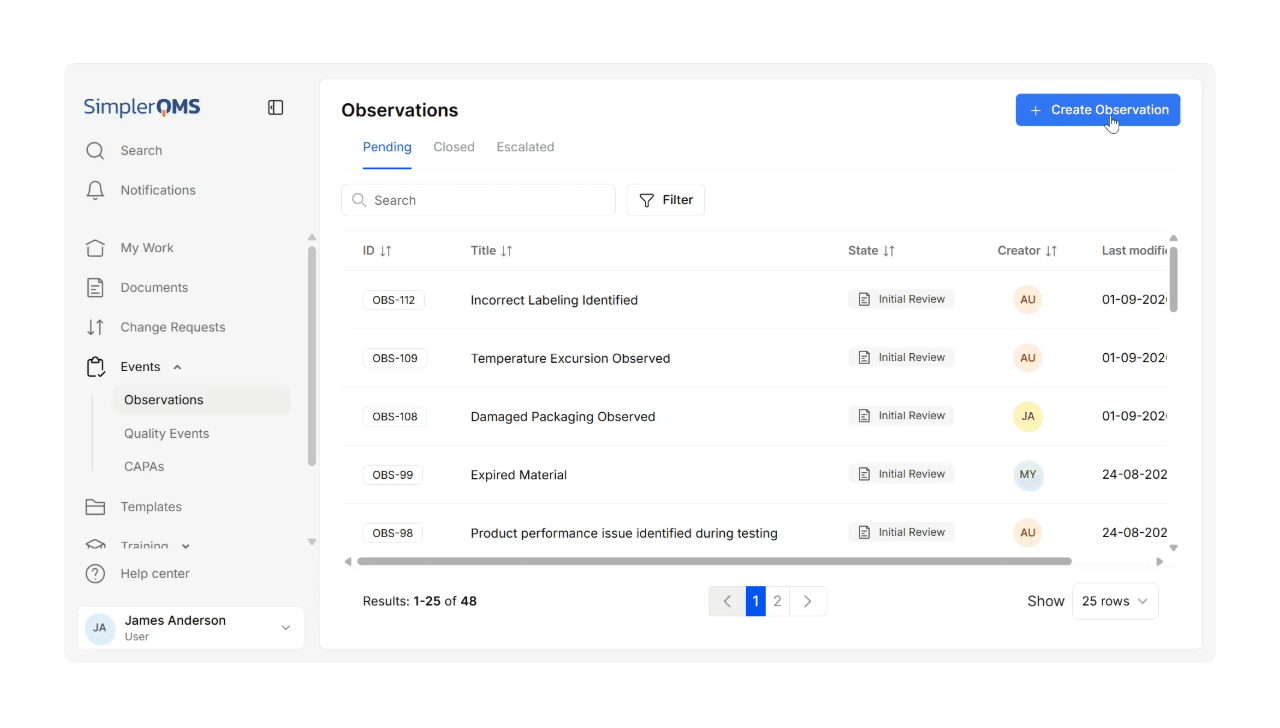 Creating an Observation in SimplerQMS