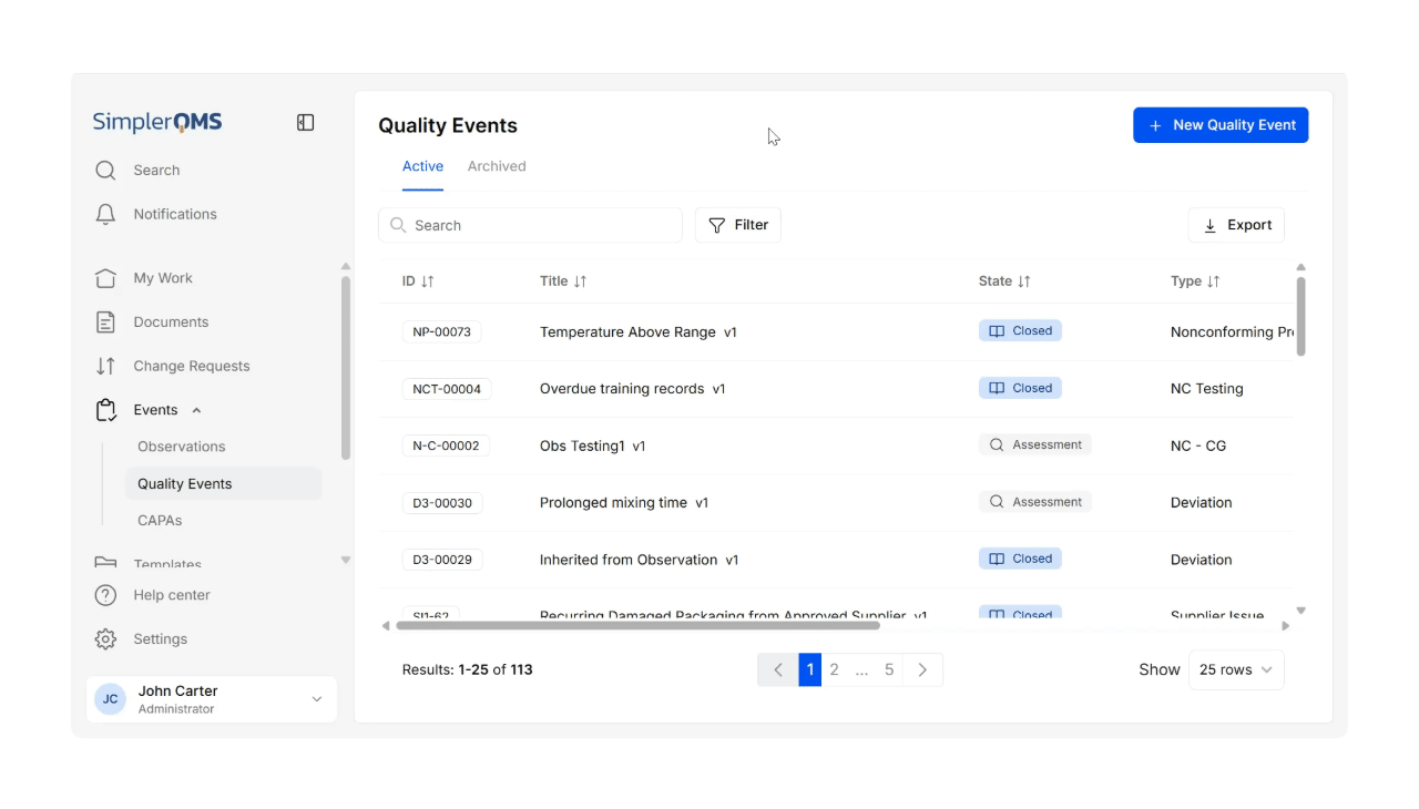 Creating a Quality Event in SimplerQMS