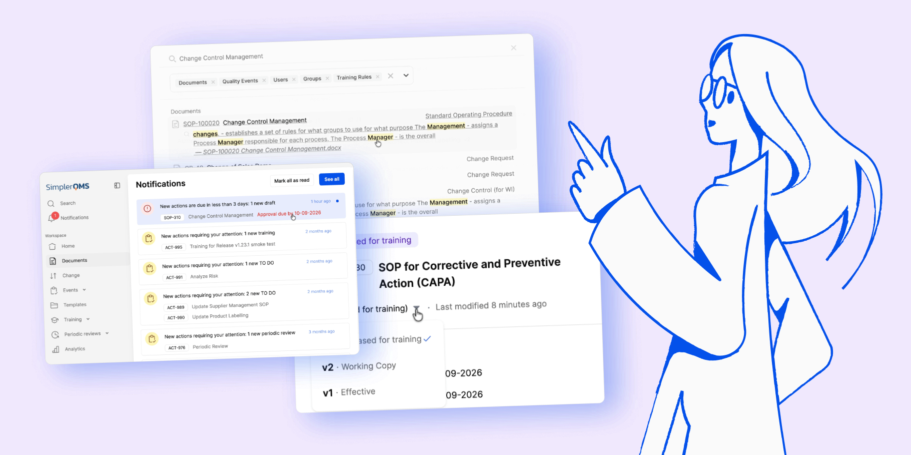 SimplerQMS product interface showing Unified Document View, due date notifications, and Global Search features.