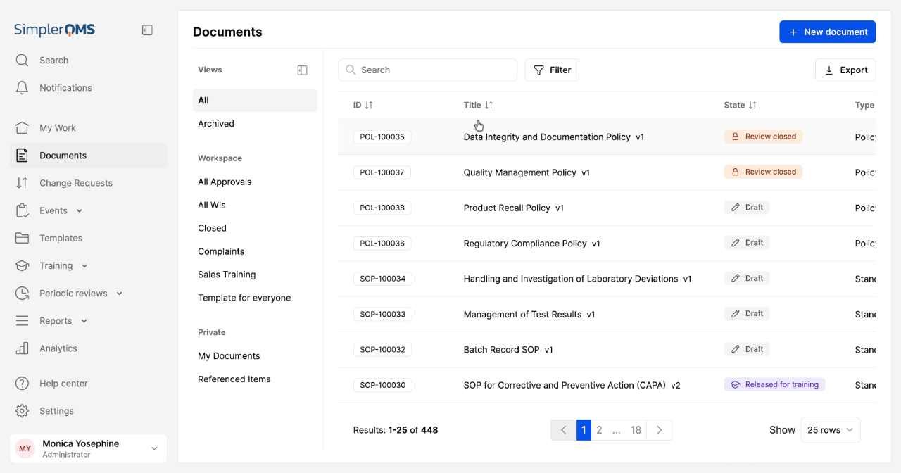 SimplerQMS Unified Document View